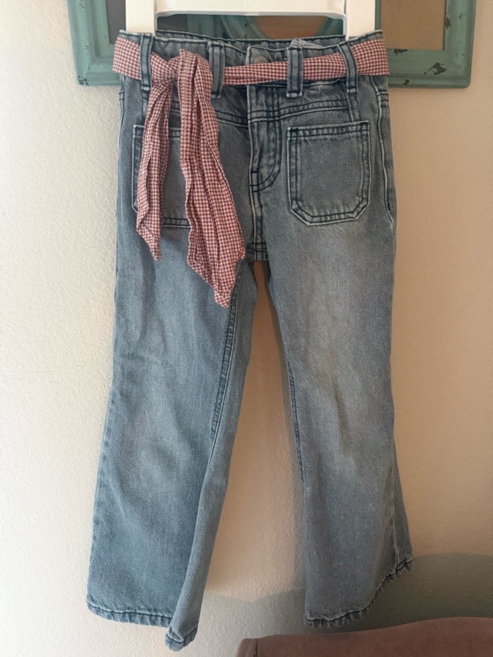 Zara Wash kids Jeans with Pink Gingham Tie Belt